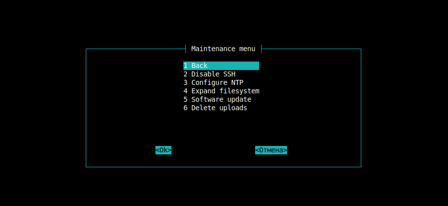 Раздел меню Maintenance menu