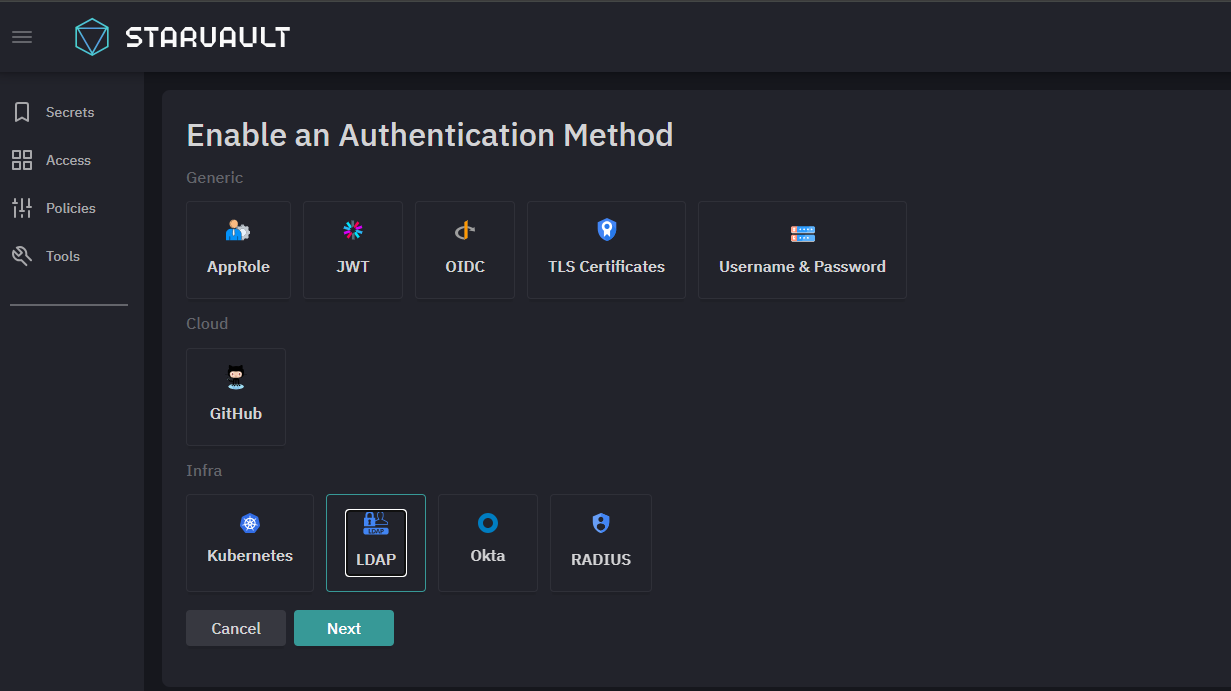 Выбор метода аутентификации LDAP в StarVault