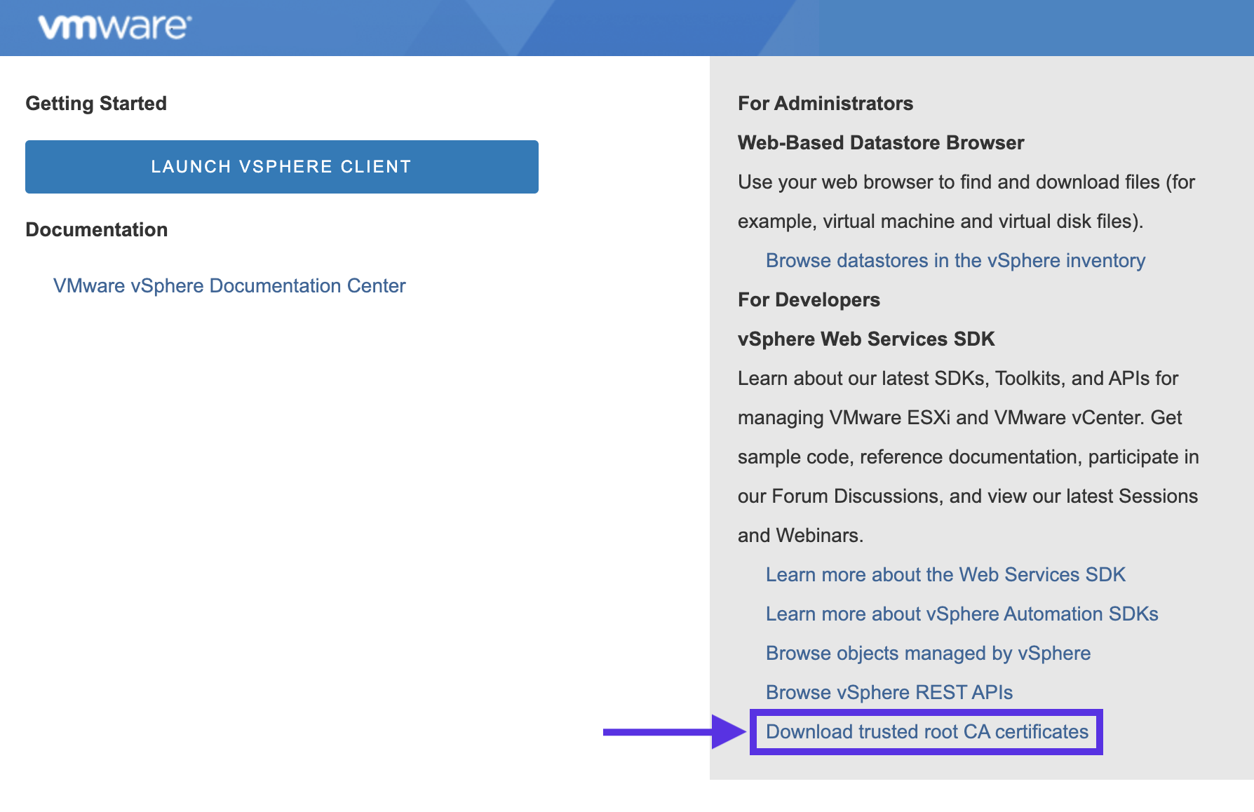 Получение корневых сертификатов сервера VMware vCenter